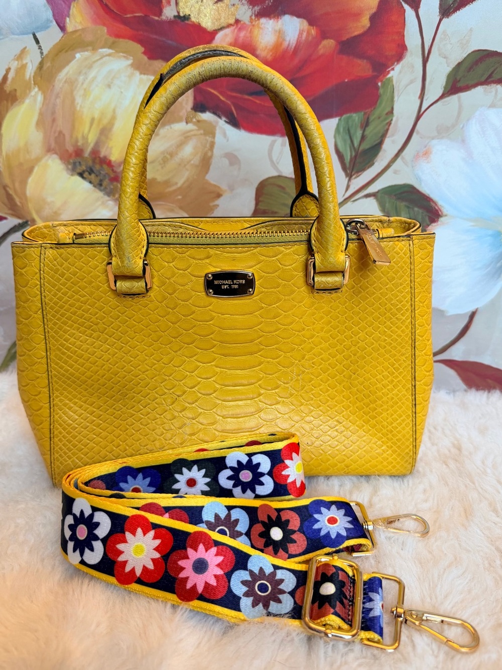 Michael Kors Preloved Croc-Embossed Leather Satchel w/Brand New Floral Strap